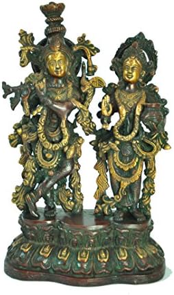 Mohanjodero Elegante Brass Radha Krishna estátua em Antique acabamento vermelho, verde dourado