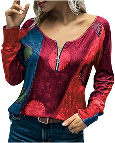 Tops casuais vintage femininos zípe de manga longa V camiseta de túnica de pescoço Blusa do pulôver da tribo étnica ocidental