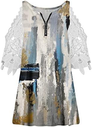 Pintura a óleo de ombro frio feminino Pintura de túnica retro top de renda curta zíper v pesco
