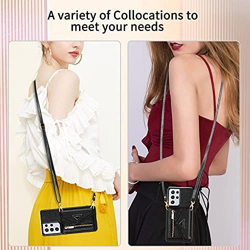 Galaxy S23 Ultra Zipper Phone Purse Case para Women Girl Belanyard Holder Crossbody Cartlet Case com bolsa de cinta