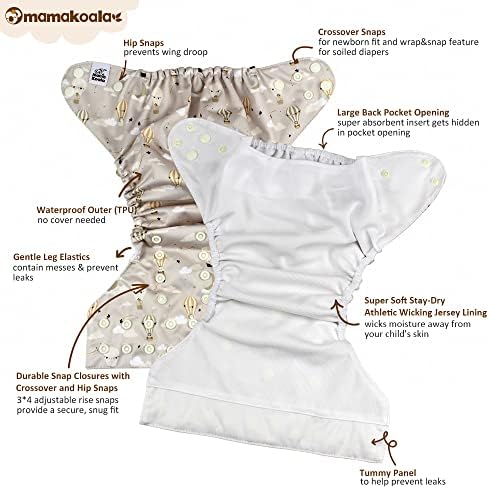MAMA KOALA 2.0 fraldas de pano de bebê com forro AWJ e painel de barriga, fraldas de bolso reutilizáveis ​​laváveis,