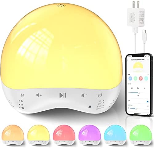 Wttout Night Light com despertador para crianças, controle de botões de aplicativo / toque tuya, 7 cores, 25 sons suaves, luz noturna, dorminhoco pesado, auxílio para dormir, timer, máquina de som para bebê para quarto, ideal para presente
