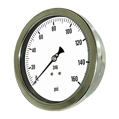 PIC Bedage 6002-4RRR-GF 6 Dial, intervalo de 0/5000 psi, tamanho de conexão NPT de 1/4, bitola de pressão de processo de glicerina de montagem lombar com uma caixa de pressão de aço inoxidável e de aço inoxidável, moldura de aço inoxidável removível e segurança laminada Lentes de vidro