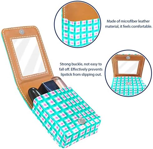Caixa de batom Oryuekan com espelho bolsa de maquiagem portátil fofa bolsa cosmética, padrão xadrez rosa azul kawaii