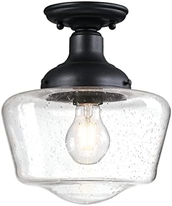Iluminação de Westinghouse 6120900 Scholar Vintage One Light Semi-Flush Teto Gretture, acabamento preto texturizado, vidro transparente