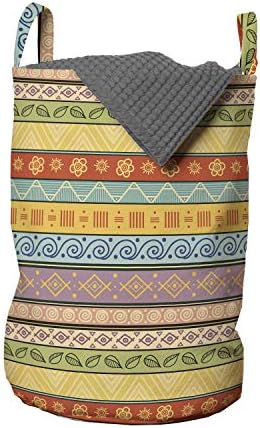 Bolsa de lavanderia listrada lunarável, folhas de design ornamental de desenho tribal, linhas giradas de linhas vintage, cesto de