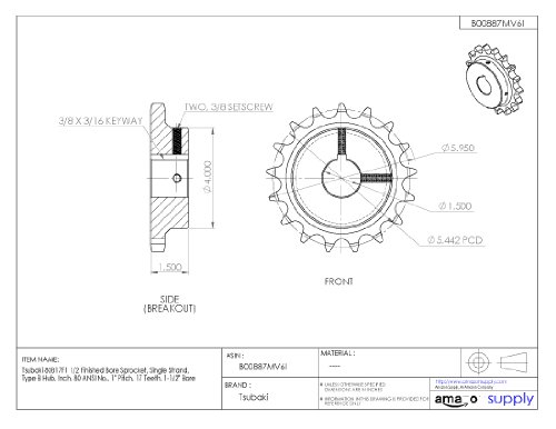 Tsubaki 80b17f-1h terminou a roda dentada, fita única, polegada, 80 Ansi No., 1 Pitch, 17 dentes, 1-1/2 Bore