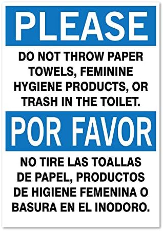 Por favor: não jogue papel ou lixo no banheiro, sinal bilíngue, 5 alta x 3,5 de largura, preto/azul em branco, adesivo de vinil