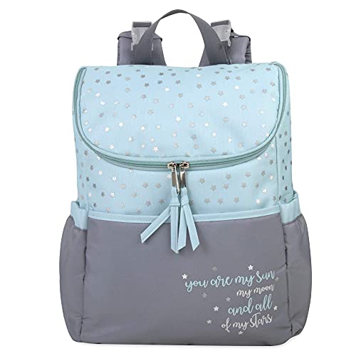 Mochila de Baby Essentials Backpack de 5 peças com sol, lua e estrelas, lençóis bolso, correias de carrinho, bolsa de fralda