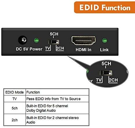 J-Tech Digital 4K 60HZ HDMI Conversor de extrator de áudio SPDIF + 3,5mm A saída suporta HDMI 2.0, largura de banda de 18GPBs, HDCP 2.2, Dolby Digital/DTS Passthrough CEC, HDR10 [JTD18G-H5CH]