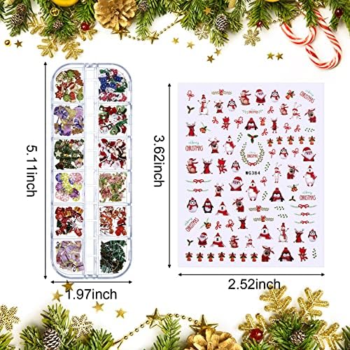 Adesivos de design de unhas de Natal de 3000 peças e lantejoulas de lantejoulas de Natal Flocos de glitter flocos de madeira, decalques de unhas auto-adesivas Snowflake Tree Santa Unhores