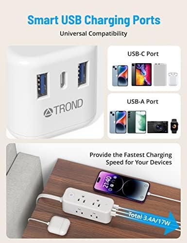 Faixa de potência de tampão plana - cabo de extensão Ultra Thin de 5 pés de 5 pés com 6 saídas amplamente e 3 portas USB + adaptador de energia da África do Sul, adaptador de plugue de deslocamento de deslocamento seguro seguro, 2 portas USB, 3 pontos de venda