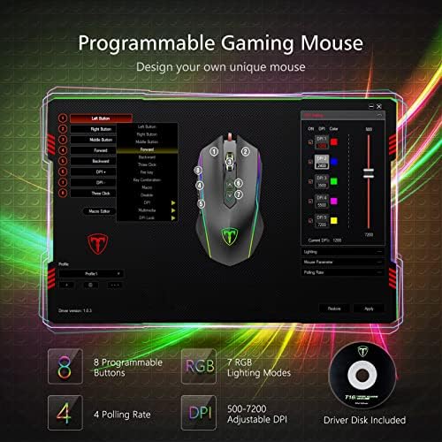 RGB Gaming Mouse conectado com 7 modos de retroiluminação, ratos Yochic PC Gaming com sensor óptico de 7200 dpi, 8 botões programáveis,