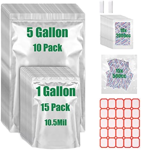 Bolsas Mylar de 5 galões para armazenamento de alimentos, bolsas mylar de 10,5 mil com absorvedores de oxigênio 2000cc-25 sacos