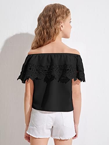 Milumia Girl Off Contrast Contrast Lace Ruffle Trim Slave Blouse Solid Blouse