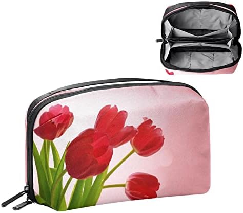 Bolsa de cosméticos para mulheres bolsas de maquiagem de moda fofa bolsa de bestas de viagem de viagem de viagem de máscara de garotas de meninas de flores vermelhas tulipes