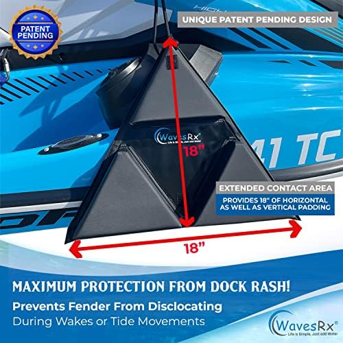 Wavesrx PWC Fender Bumper para encaixe de jet ski seguro | Patente Pendente Trifender Design dobrável Fácil de armazenar | Proteja Jetski da Dock Rash & Scratches | Cordão de bungee ajustável com gancho e trava de segurança