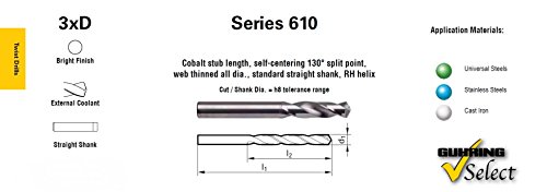 Guhring 9006100021000 3XD Series 610 Exercício de comprimento de stub de cobalto, líquido de arrefecimento externo, ponto de divisão de 130 graus, acabamento brilhante, 2,1 mm de diâmetro