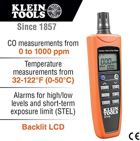 Klein Tools ET110 CO Medidor, testador de monóxido de carbono e detector com alarme de limite de exposição, 4 x baterias