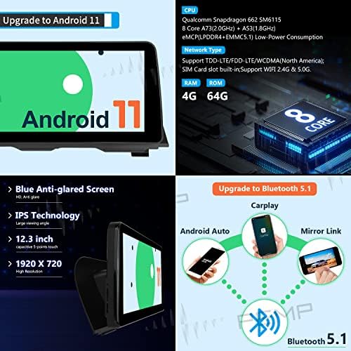 PEMP Android 11 Anti-Glare azul para BMW F10/F11 Android 12,3 Tela, Snapdragon 662 8 núcleo 4g+64 GB CarPlay Android Auto,