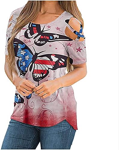 Mulheres no ombro frio verão top top flag gráfico impressão gráfica manga curta blusa de camiseta solta 4 de julho