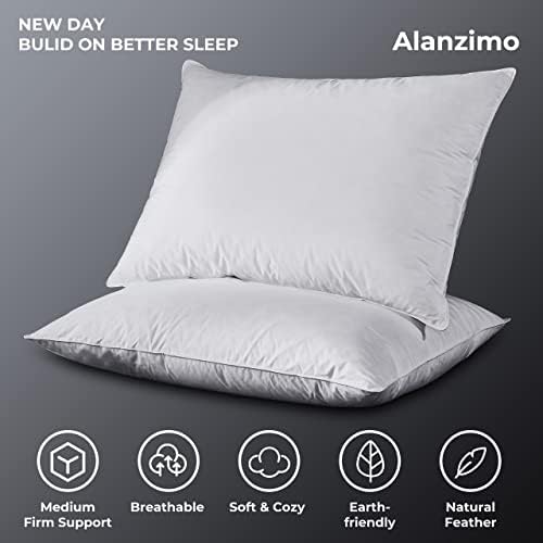 Alanzimo Luxury Home Collection Feathers Bed Almofadas King Size para dormir, travesseiros macios de cama com de algodão natural à prova de penas para dor de estômago lateral