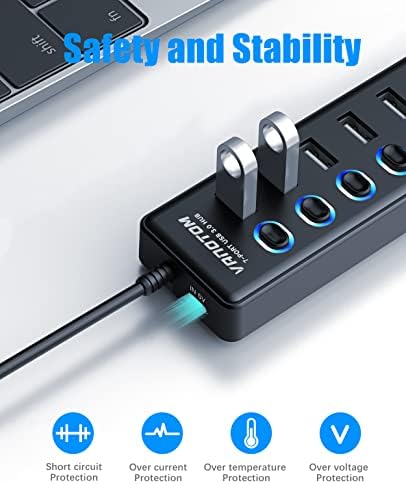 Vanotom USB 3.0 Hub, Splitter USB de 7 portas com interruptores de Ox/Off de LED e cabo longo estendido para laptop, MacBook, Surface Pro, PS4/5, Flash Drive, HDD