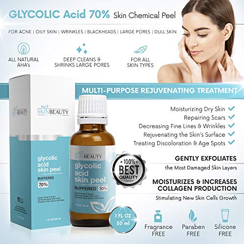 Ácido glicólico 70% Peel química da pele - tamponada - hidroxi alfa para acne, pele oleosa, rugas, cravos, poros grandes, pele