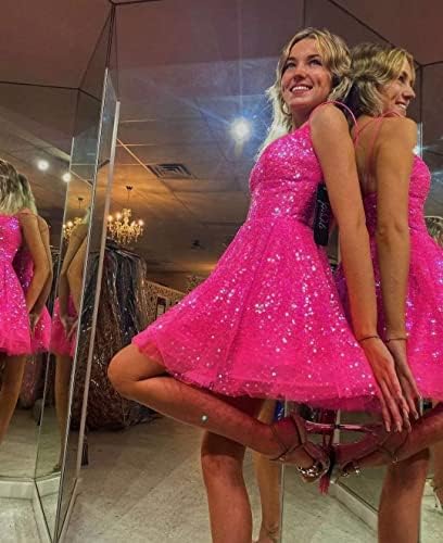 Homdor Spaghetti Straps vestidos de regresso a lantejoulas de lantejoulas curtas para adolescentes vestidos de cocktail sem costas 2023