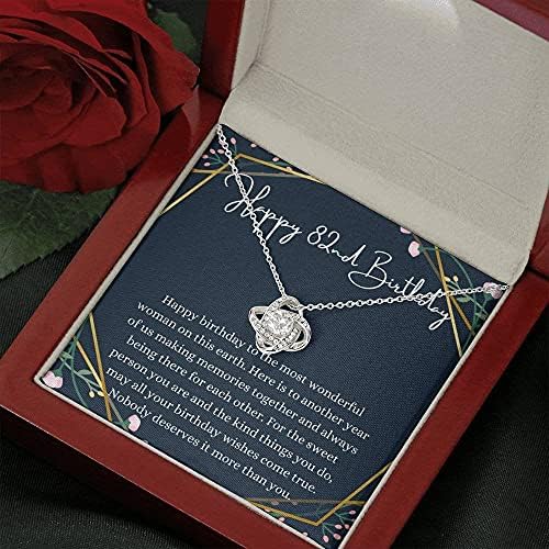 Jóias de cartão de mensagem, colar artesanal- Presente personalizado Love Knot, Feliz colar de aniversário de 82º com cartão de