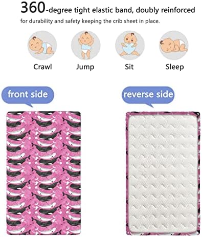 Folhas de mini-berço com temas de baleias, mini lençóis portáteis de lençóis de berço portá lençóis de colchão de colchão de colchão ou lençol de criança, 24 “x38“, rosa e cinza a carvão