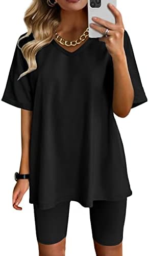 AGSEEM Roupa de duas peças para mulheres Summer V Neck T-shirt Tops Biker Shorts Treinout Sports Tracksuit