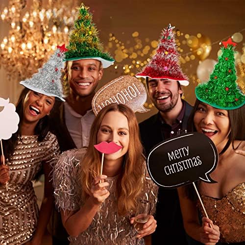 Vinsot 4 PCs chapéus de Natal Tree de Xmas Hat de Papai Noel com Tinsel Poms coloridos Glitter Crazy Christmas Hats Fantaspume de Natal para Adultos Festas de Férias de Crianças, 4 Styles Green