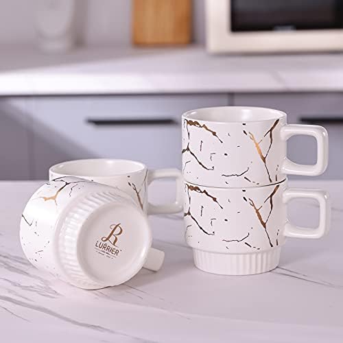 Caneca de café empilhável de porcelana Lurrier com base de prateleira e base de madeira, um conjunto de xícara de café artesanal