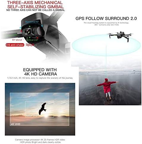 Skyteey GPS Drone com câmera EIS 4K, transmissão profissional de drone wifi fpv com motor sem escova, prevenção de obstáculos a laser de 360 ​​°, com 3 eixos de quadro