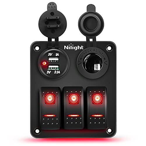 Nilight ３ Painel de interruptor de gangue com carregador USB e isqueiro de charuto 12V de alternância de 24V no interruptor