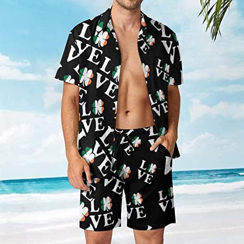 Love Irish Leaf Clover Hawaiian Button-Down Camisetas e calças de manga curta Roupas de praia de verão