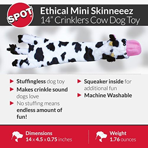 Spot Skinneeez Crinklers | Brinquedos de cachorro sem coisas com squeaker para cães pequenos | Toy Crinkle para filhotes pequenos | 14 | Design de vaca | por animal de estimação ético