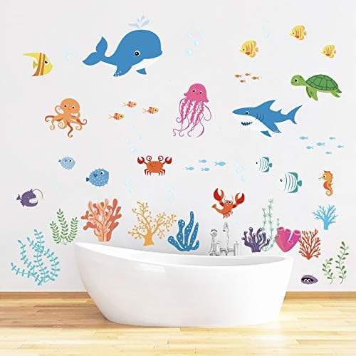 Decálmile sob o mar Dolphin Peixe Decalques de parede de peixe Vinil e palitos de garotos Sala de parede adesivos de parede bebê berçário quarto decoração de parede do banheiro