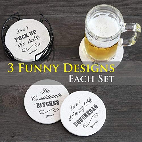 Coasters engraçados para bebidas absorventes com suporte | 6 PCS Novty Gift Gets | 3 ditados diferentes | Presente para