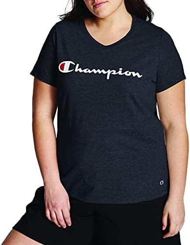 Campeão feminino plus jersey v-decok tee, logotipo de script