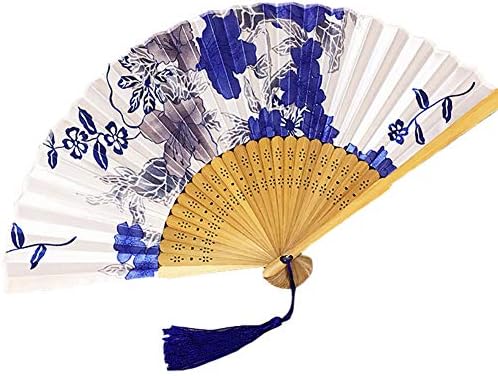 Fã de seda de seda gentil Fan Blue and White Flowers Handheld Fan for Home Decoration Dance Performance