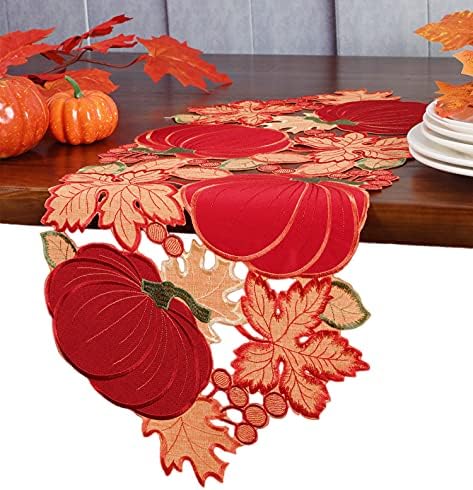 GrandDeco Fall Table Runner Ação de Graças 14x35 polegadas com folhas de bordo de abóbora bordadas, decorações de mesa de colheita