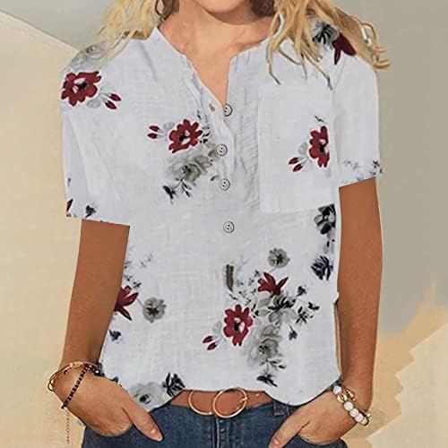 Lcepcy Summer Casual camiseta para mulheres impressão floral botão henley camisas de manga curta blusas de túnicas com bolso
