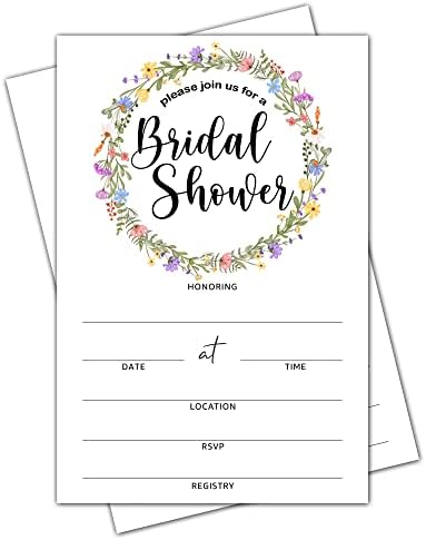 Cartões de convite de chuveiro de noiva com envelopes - Greenery Boho Floral preenche o cartão de chuveiro em branco,