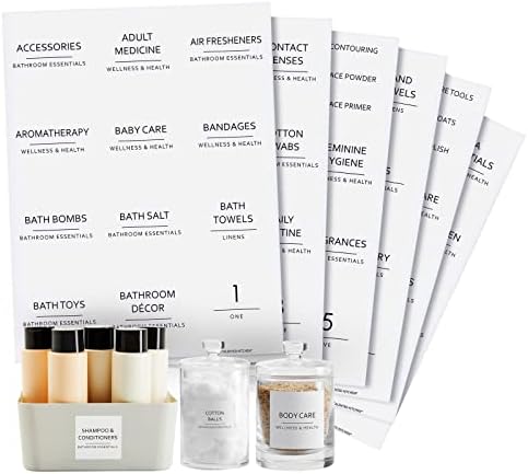 Conjunto de 174 peças de rótulos minimalistas do banheiro para organizar armários de remédios, estampa preta em adesivos brancos