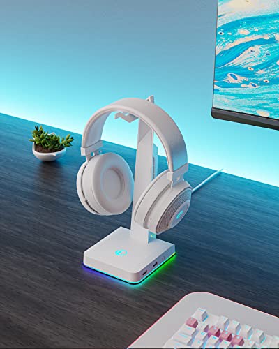 IFYOO RGB GAMING fone de ouvido com 2 portas USB, fone de ouvido de jogo para PC, Xbox One, PS4, Switch, cabide do fone de ouvido, ótimo para estações de jogos, acessórios para jogos de mesa sofisticados, branco