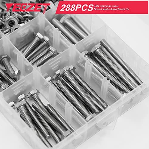 288pcs 1/4-20 parafusos hexadecipais e lavadoras de porcas kit de sortimento, 304 aço inoxidável 18-8 inclui 9 tamanhos mais comuns,