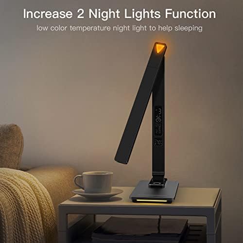Lâmpada de mesa LED com carregador sem fio, porta de carregamento USB, luminária de mesa de timer automática deslizante com luz noturna, luzes de mesa com relógio para estudo de leitura do escritório em casa