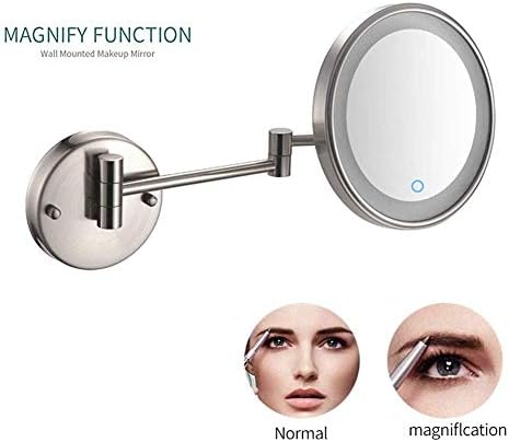Zaahh espelho de maquiagem montado em parede de 8 polegadas, espelho de maquiagem com luzes de toque de luzes LEDs, um lado de 360 ​​graus de 360 ​​graus, arco de mão-de-obra, redonda, para o banheiro